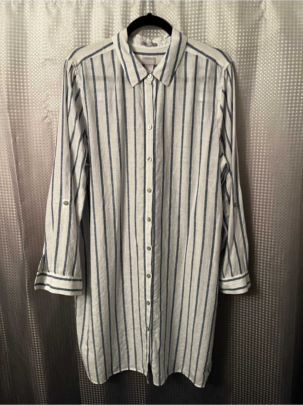 Chico's No Iron Linen Blue and White Striped Tunic Button-Up